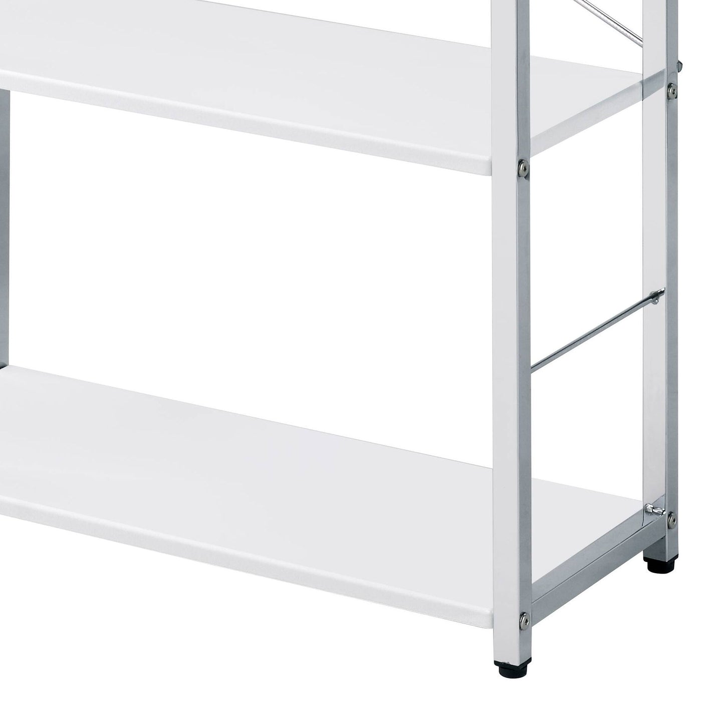 A close-up of the Tennos Bookshelf in white, featuring a minimalistic two-tier metal frame and shelves, displayed against a plain white background.