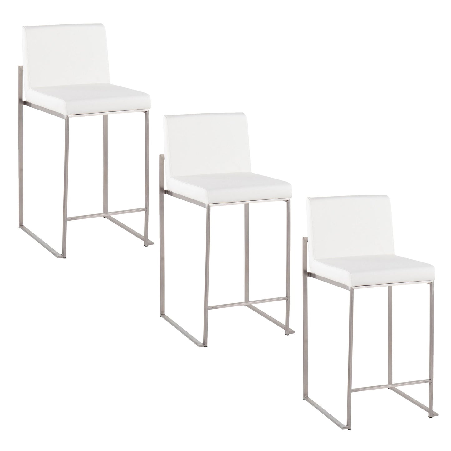 Three Fuji Contemporary High Back Counter Stools, featuring white cushioned seats and backs with sleek metal frames, are arranged in a staggered formation on a plain white background.