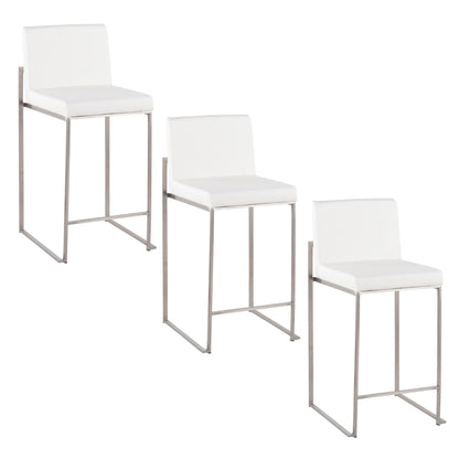 Three Fuji Contemporary High Back Counter Stools, featuring white cushioned seats and backs with sleek metal frames, are arranged in a staggered formation on a plain white background.