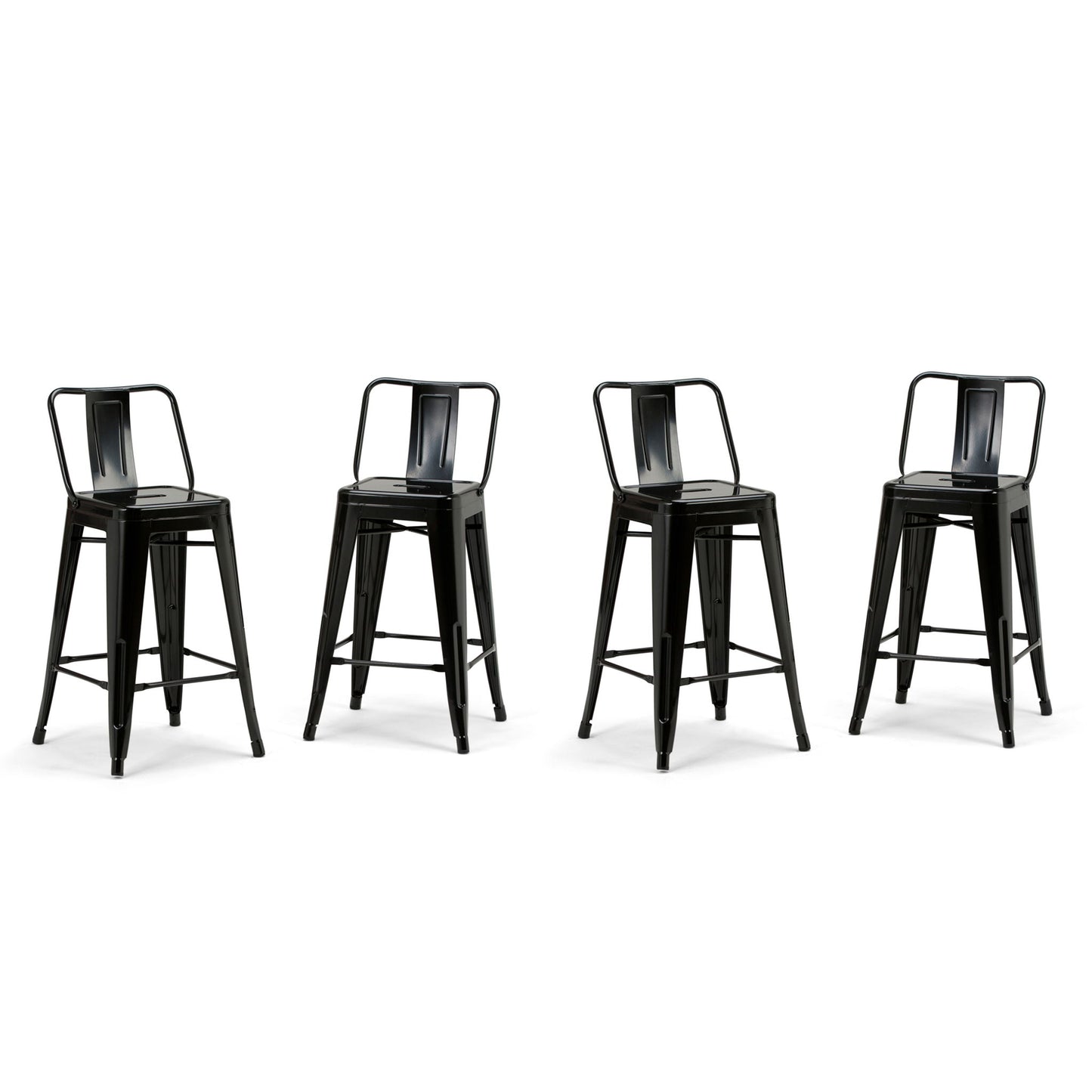 Four Rayne Multifunctional Metal Stools with backrests, in black metal, are arranged in a row against a plain white background.