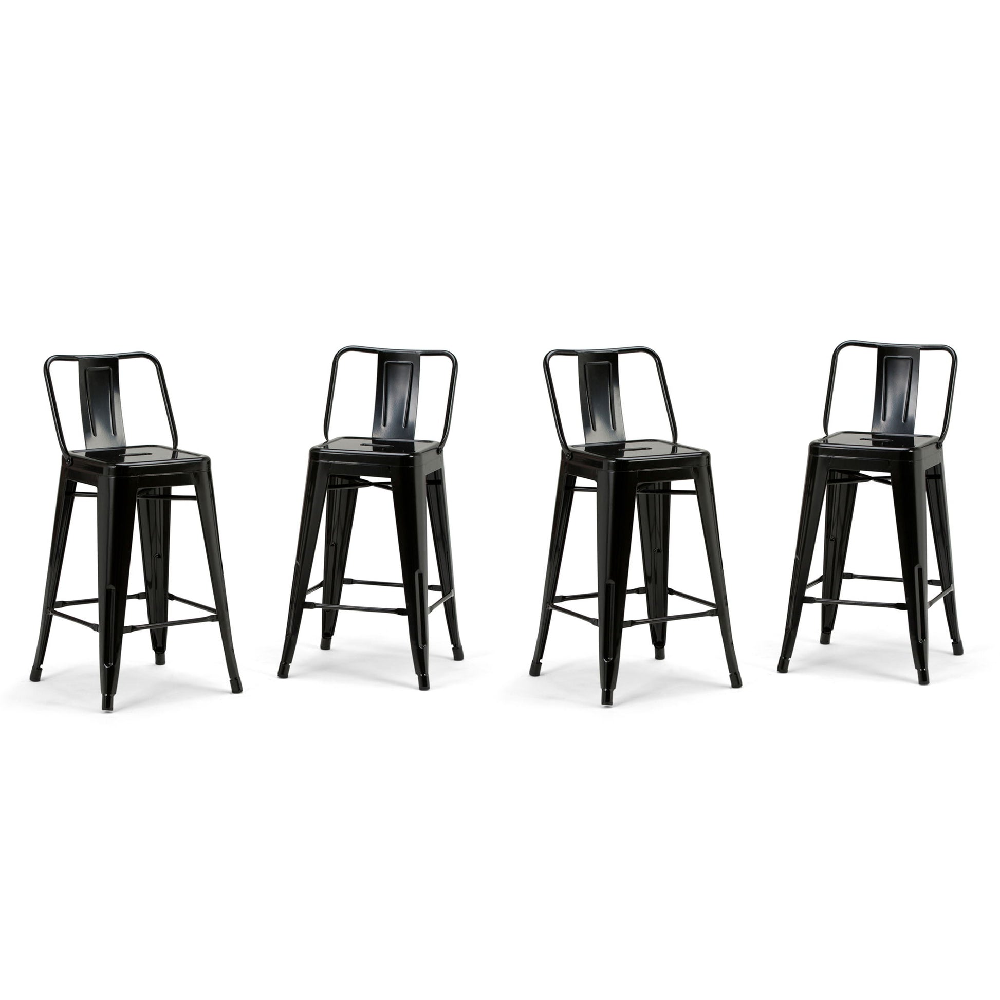 Four Rayne Multifunctional Metal Stools with backrests, in black metal, are arranged in a row against a plain white background.
