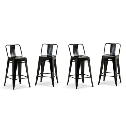 Four Rayne Multifunctional Metal Stools with backrests, in black metal, are arranged in a row against a plain white background.