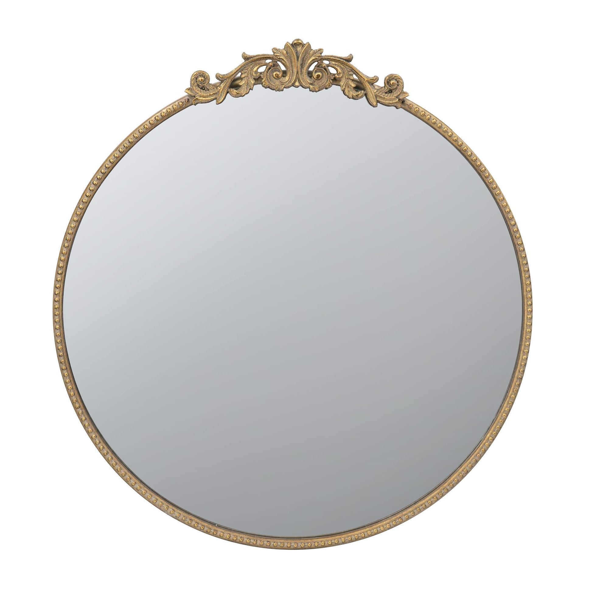 A Classic Design Mirror with a baroque-inspired frame, featuring ornate gold detailing at the top, is shown against a plain white background. Ideal for bathrooms or entryways to lean against the wall.