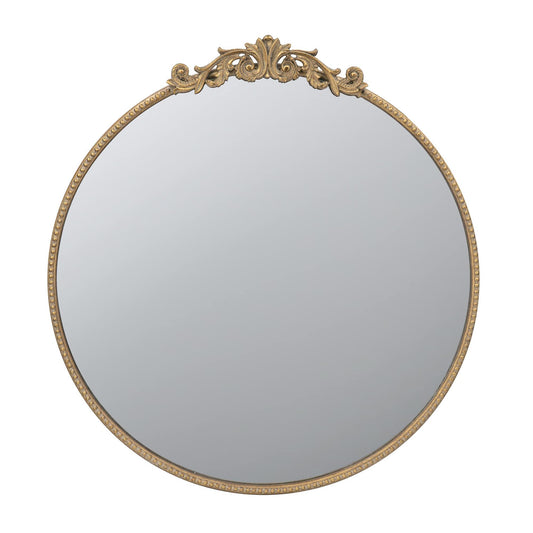 A Classic Design Mirror with a baroque-inspired frame, featuring ornate gold detailing at the top, is shown against a plain white background. Ideal for bathrooms or entryways to lean against the wall.