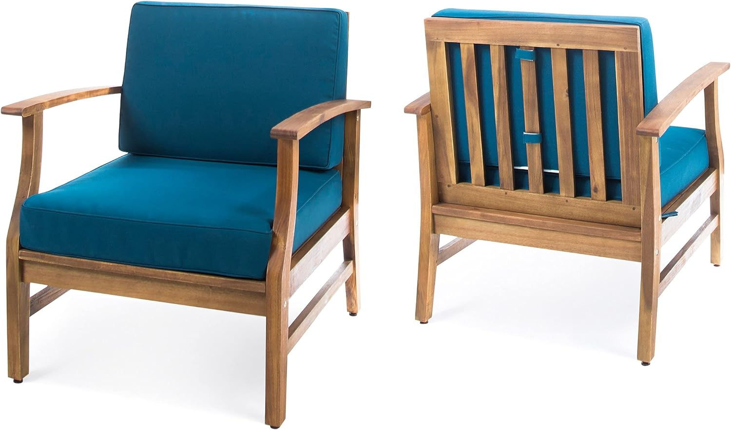 Two Perla Contemporary Club Chairs, each with water-resistant blue seat and back cushions; one is shown from the front, the other from the back, showcasing their slatted wooden frames and armrests.