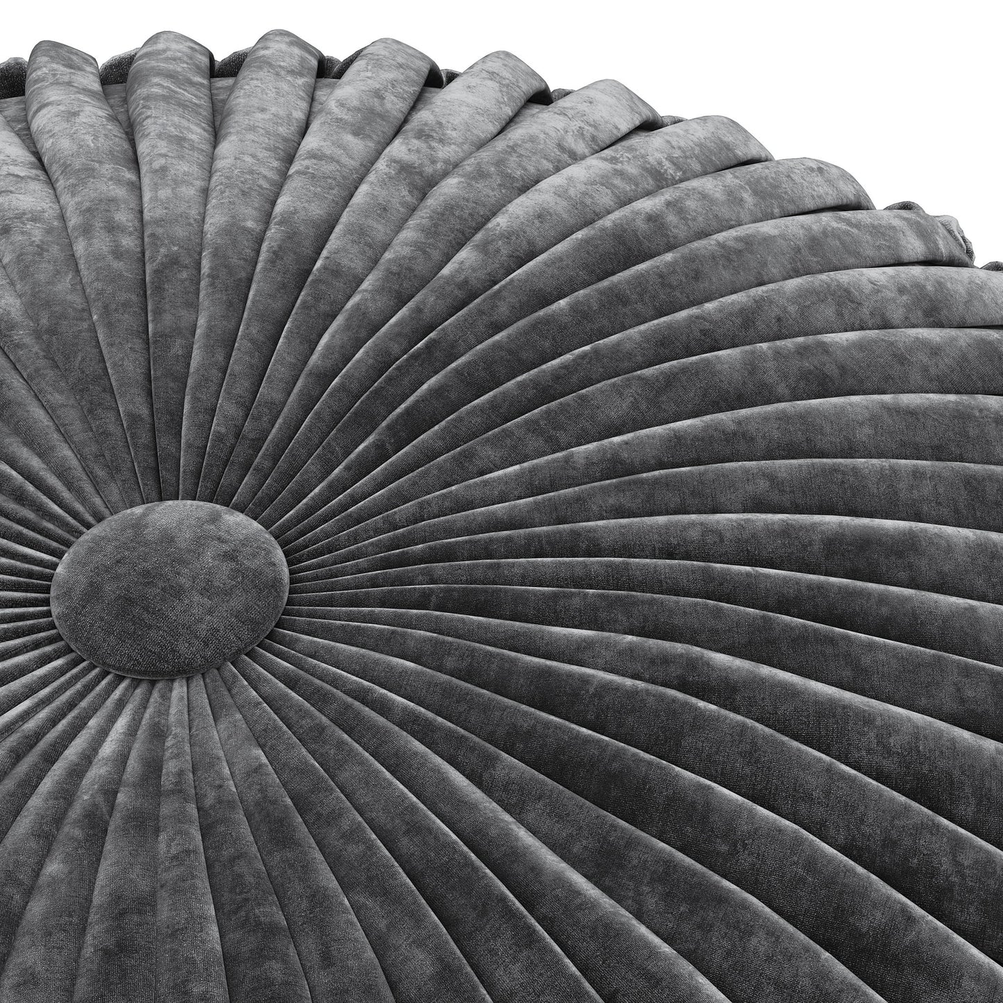 Close-up of the Renee - Handcrafted Round Pouf, featuring a pleated, dark gray fabric with a central button and radiating textured folds. Set against a white background.