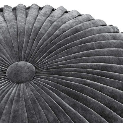 Close-up of the Renee - Handcrafted Round Pouf, featuring a pleated, dark gray fabric with a central button and radiating textured folds. Set against a white background.