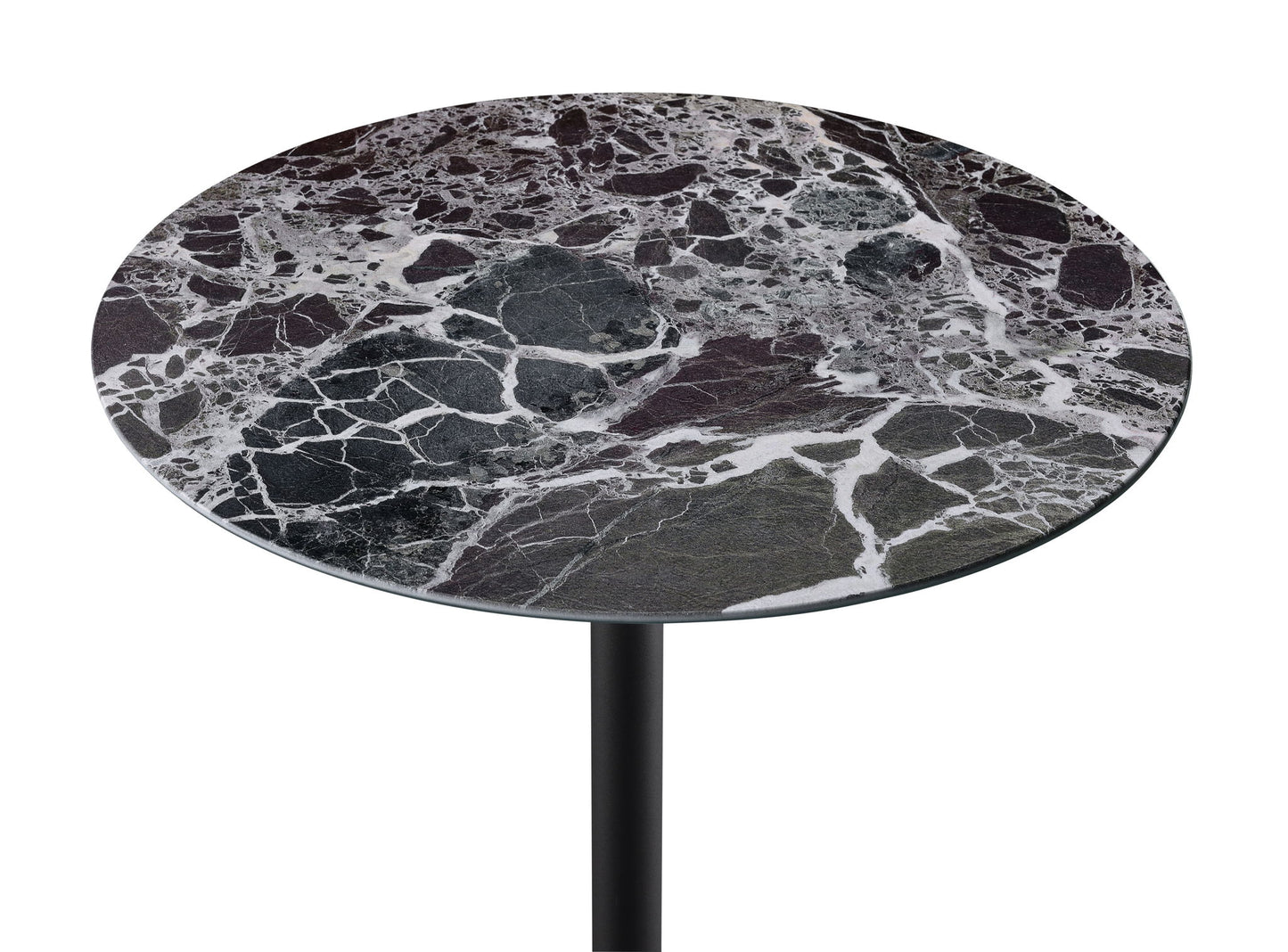 The Orbit 15.5" End Table features a round, height-adjustable marble-textured top with white and gray veining, supported by a single slender black leg.