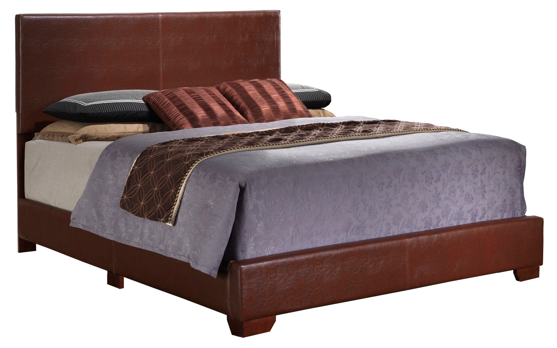 The Elegant Platform Bed For Relaxed Spaces features a tall brown leather headboard and frame, dressed in gray and beige bedding with two stacked pillows and two decorative brown striped accent pillows.