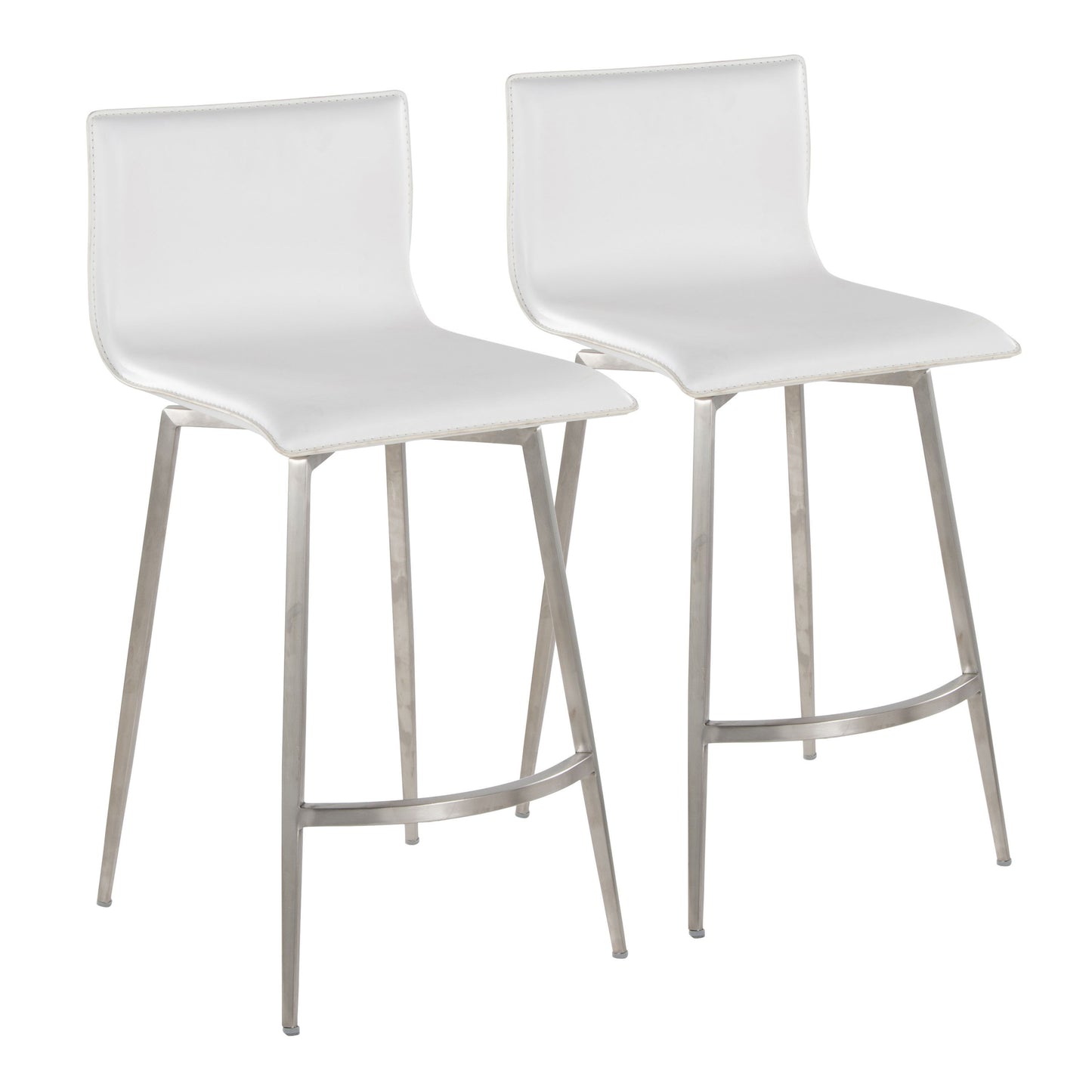 The Mara Upholstered Contemporary Fixed Height Counter Stool With Swivel (Set of 2) in white features modern metal legs, low rectangular upholstered backs and seats, and footrests connecting the front legs. Both stools are shown side by side on a white background.