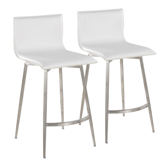 The Mara Upholstered Contemporary Fixed Height Counter Stool With Swivel (Set of 2) in white features modern metal legs, low rectangular upholstered backs and seats, and footrests connecting the front legs. Both stools are shown side by side on a white background.