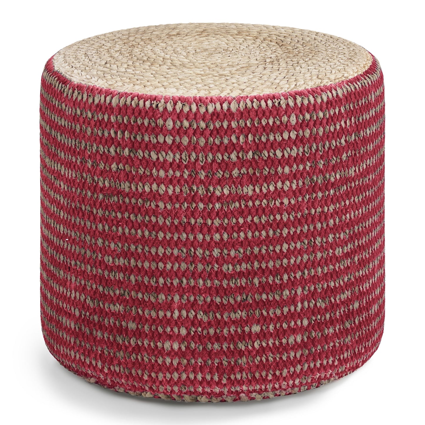 The Larissa - Handcrafted Round Braided Pouf features a beige braided top and textured red-and-beige checkered sides. This soft, cushioned pouf adds comfort and style, shown here against a white background.