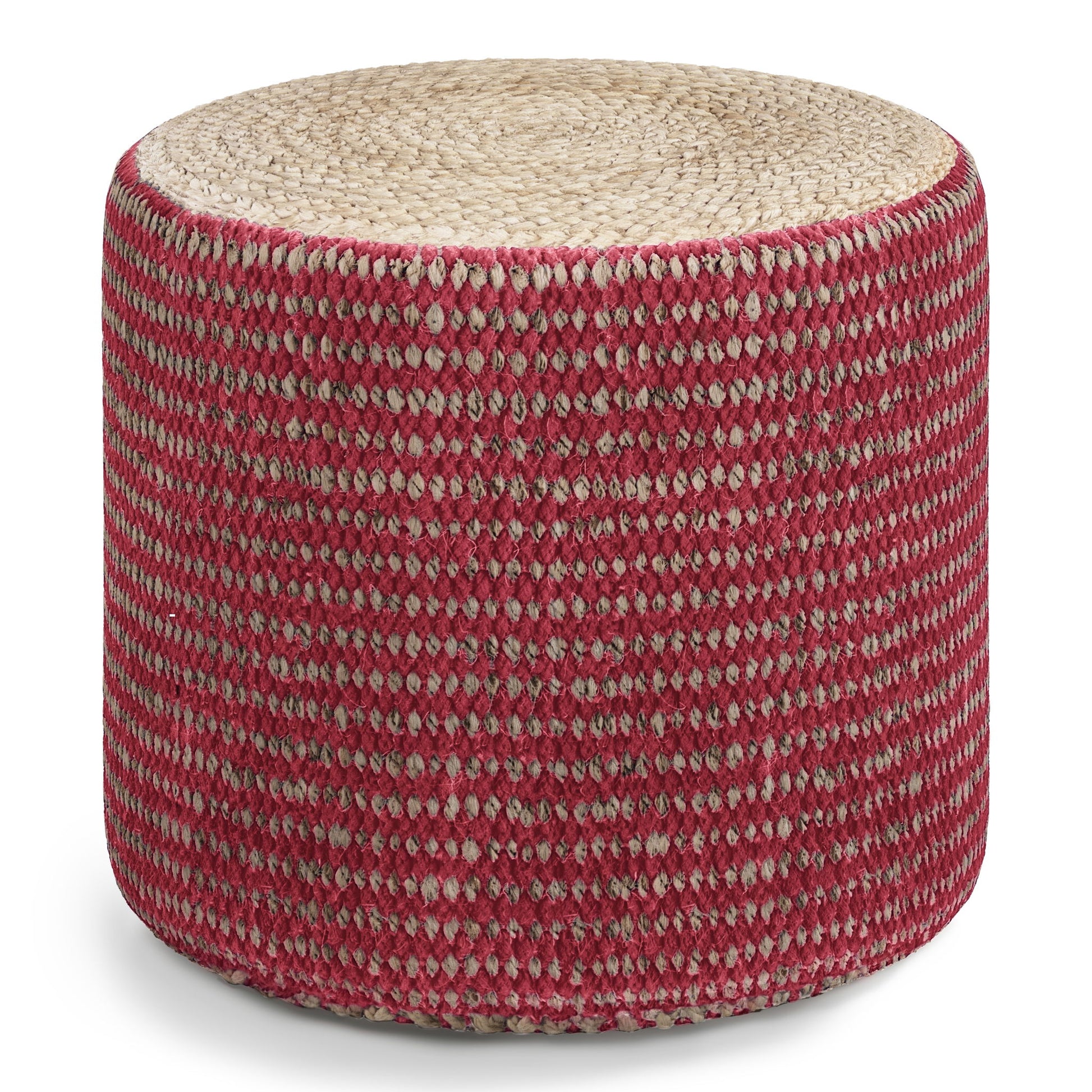 The Larissa - Handcrafted Round Braided Pouf features a beige braided top and textured red-and-beige checkered sides. This soft, cushioned pouf adds comfort and style, shown here against a white background.