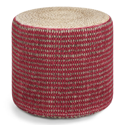 The Larissa - Handcrafted Round Braided Pouf features a beige braided top and textured red-and-beige checkered sides. This soft, cushioned pouf adds comfort and style, shown here against a white background.