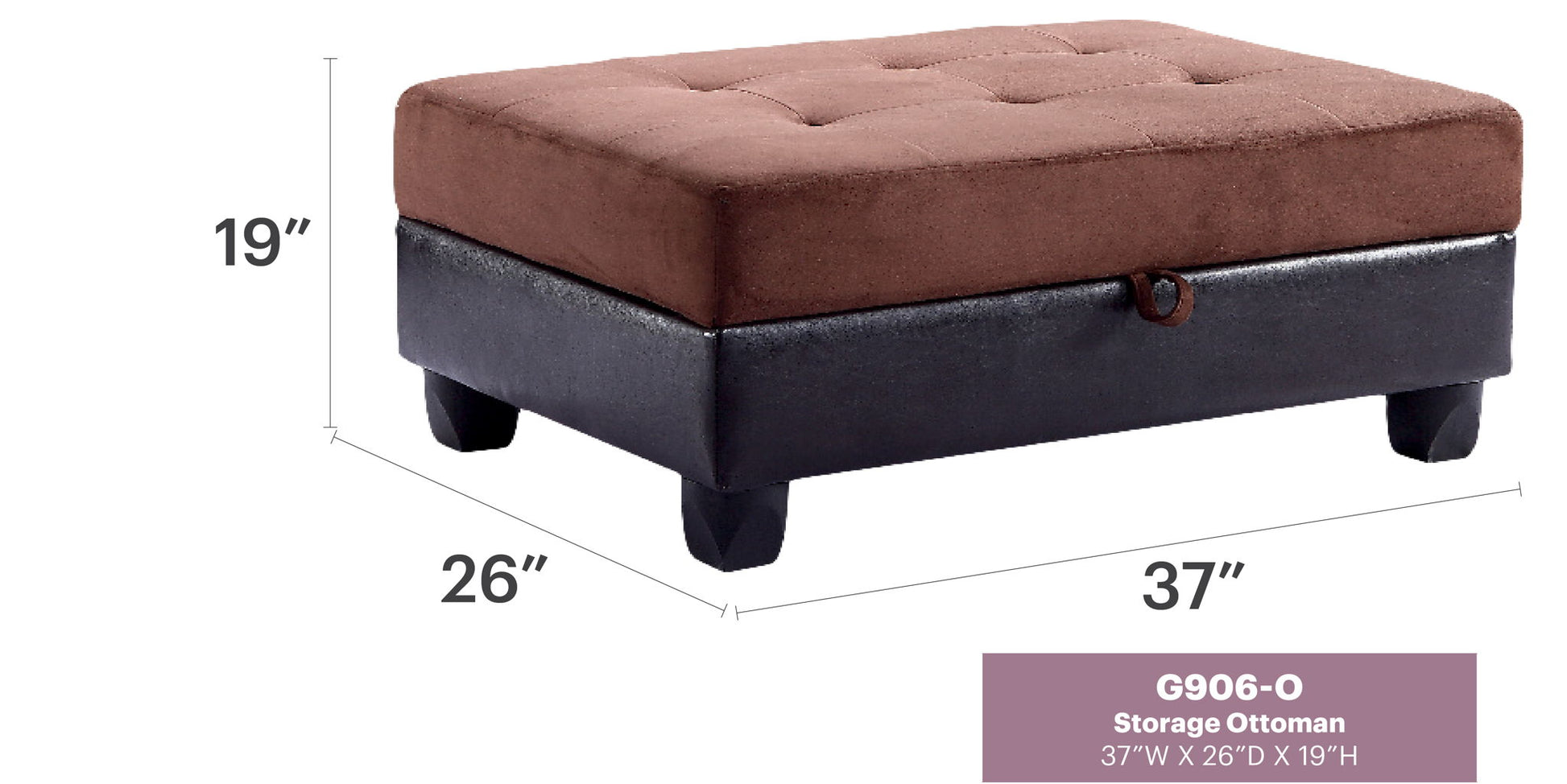 The Stylish Storage Contemporary Ottoman features a brown cushioned top, black base, and measures 37"W x 26"D x 19"H. Model G906-O.