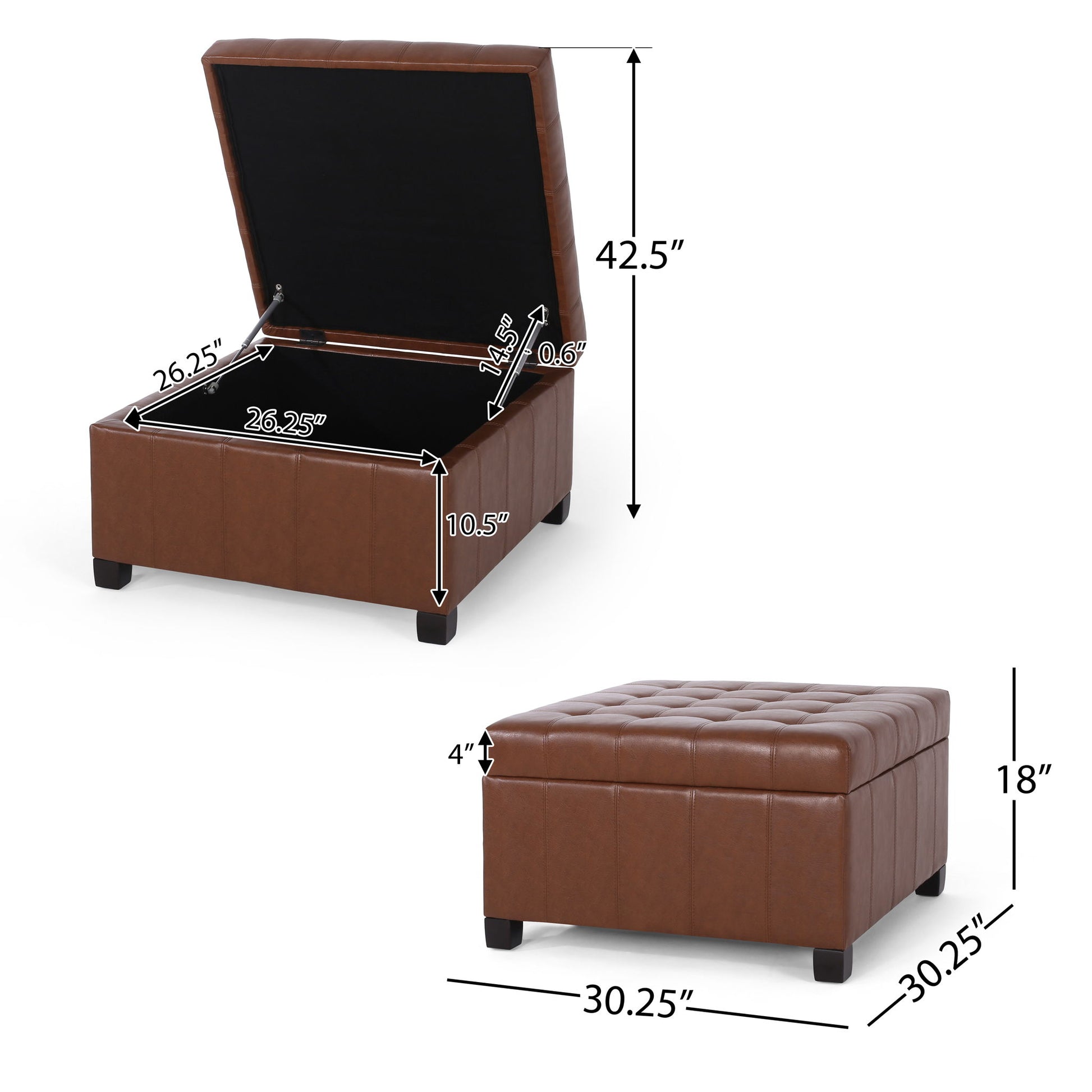 The Storage Ottoman For Living Room is a brown, square, tufted ottoman with storage. Shown open and closed. Exterior: 30.25"W x 30.25"D x 18"H; interior: 26.25" x 26.25" x 10.5"; lid opens to 42.5" high.