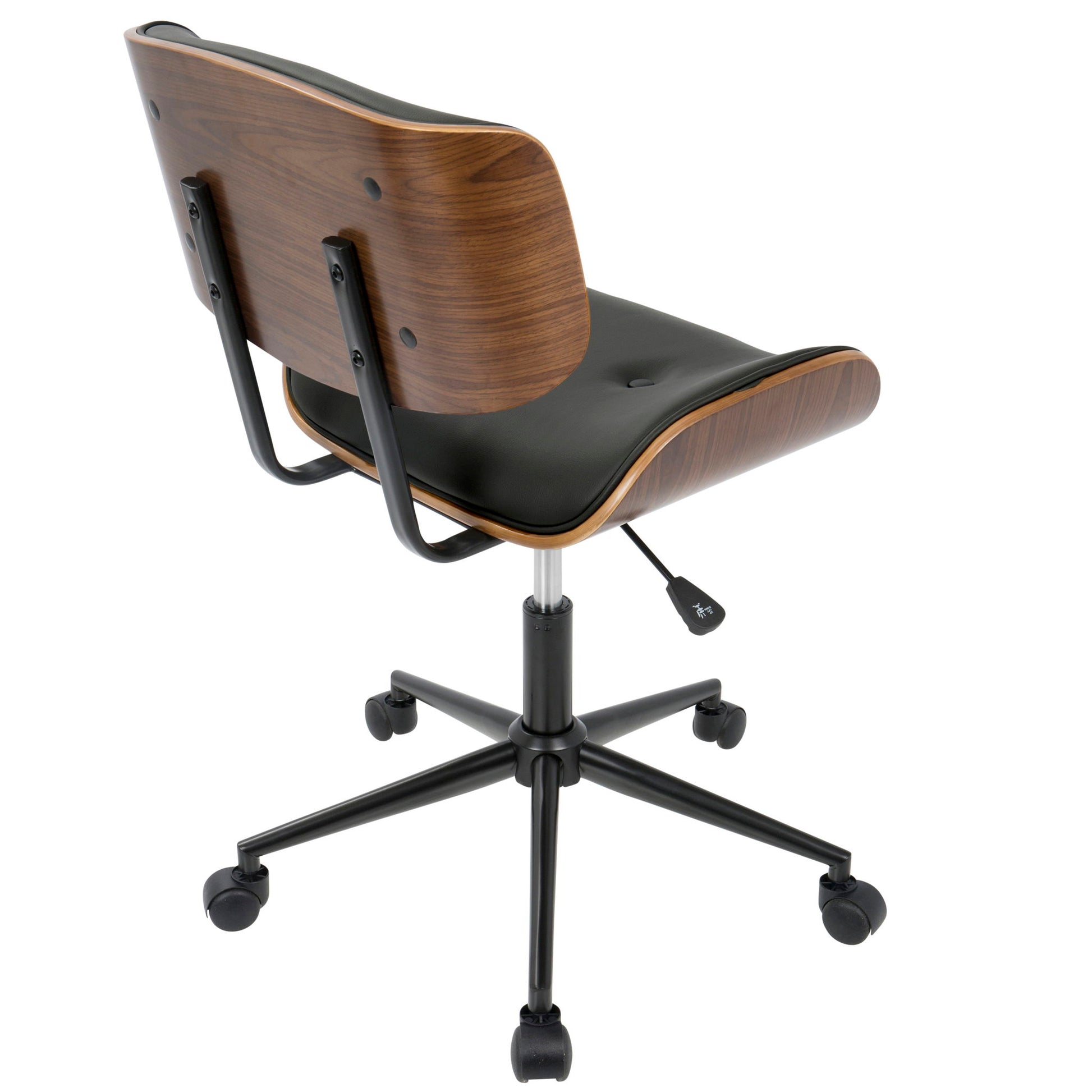 The Lombardi Mid Century Modern Adjustable Office Chair features a curved wooden back and seat, black cushioning, a metal base with five caster wheels, an adjustable height lever, and is shown from the rear angle.
