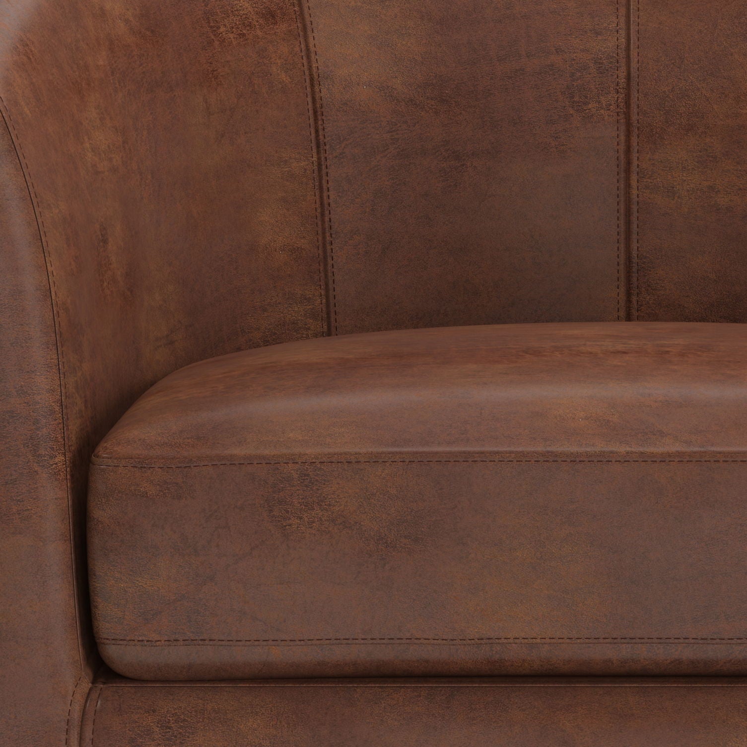 Close-up of the Austin - Handcrafted Tub Chair, featuring brown leather upholstery, a seat cushion and curved backrest with visible stitching, and a slightly distressed texture.