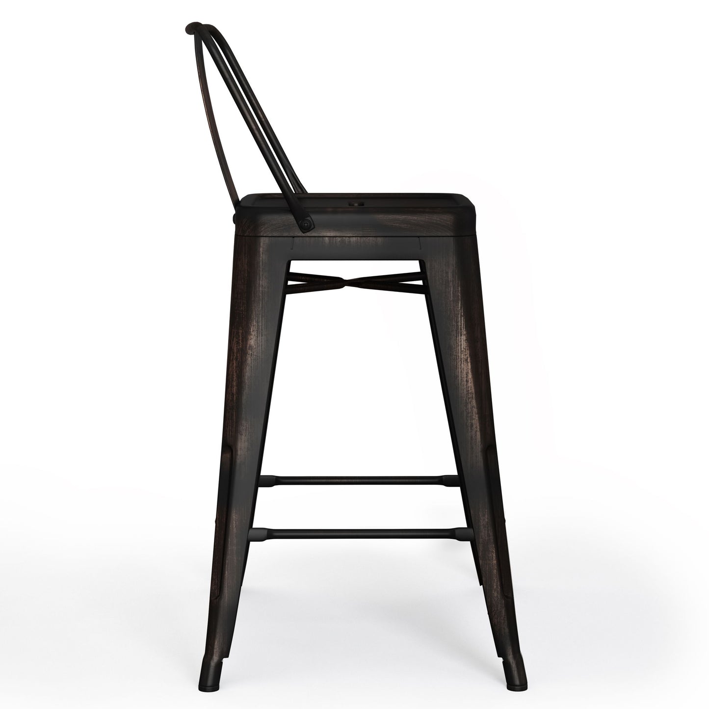 Side view of the Rayne - Curved Back Metal Stool (Set of 2), featuring a dark metal frame, slightly curved backrest, and four tapered legs with horizontal supports, shown on a white background.