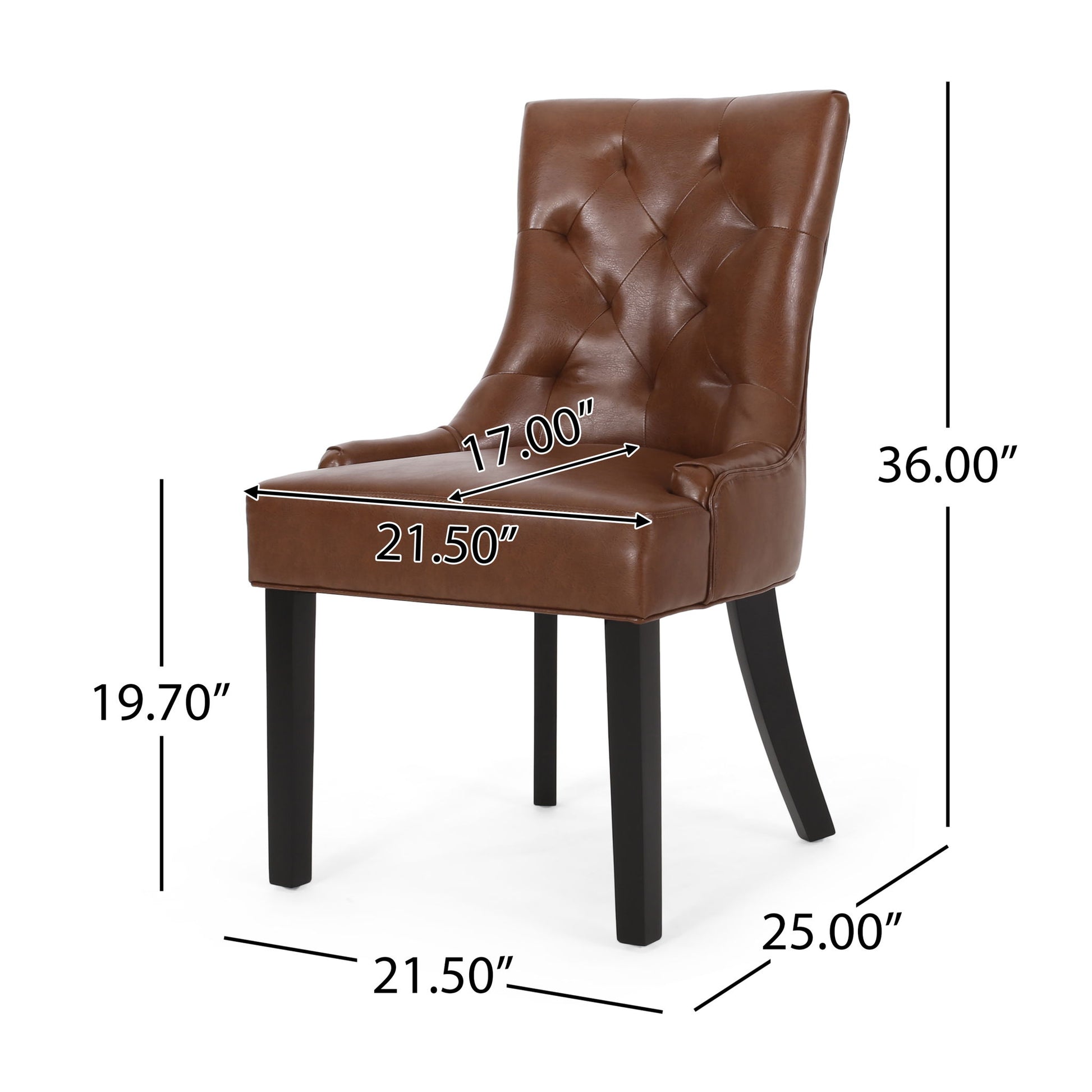 The Cheney - Contemporary Dining Chair Tufted Upholstery (Set of 2) is shown in brown leather with black wooden legs. Dimensions: seat width 17", seat depth 21.5", total height 36", seat height 19.7", total depth 25", total width 21.5".