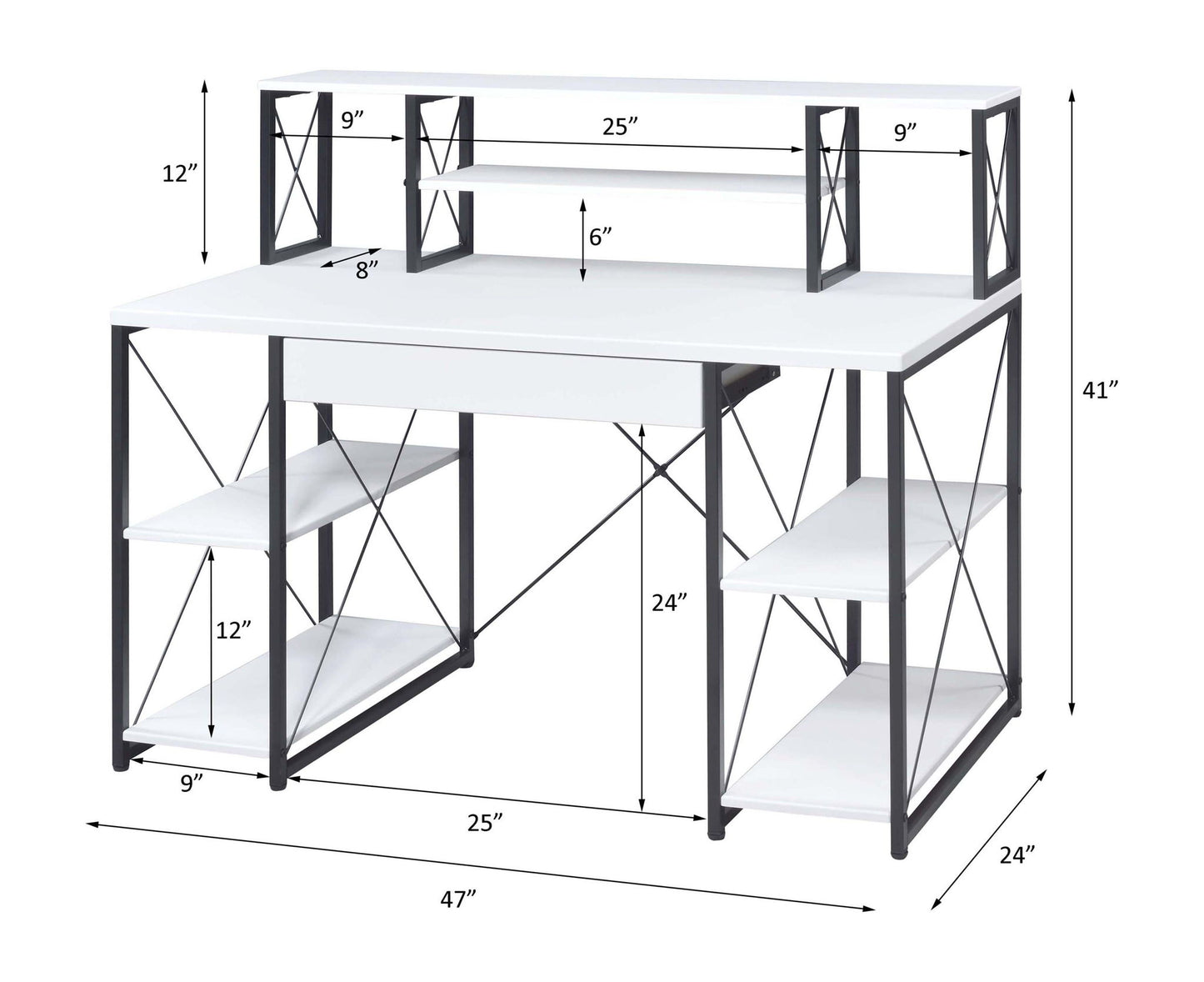 The Amiel All Purpose Writing Desk features a white top, black metal frame, shelving units on both sides, and a raised hutch with extra shelves. Dimensions for width, height, and depth are clearly indicated for every section.