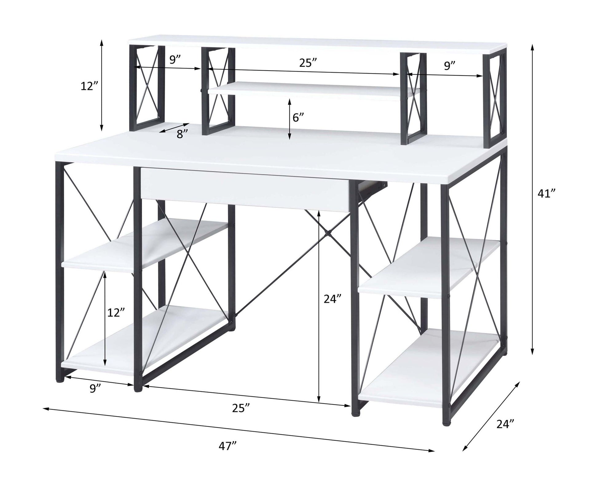 The Amiel All Purpose Writing Desk features a white top, black metal frame, shelving units on both sides, and a raised hutch with extra shelves. Dimensions for width, height, and depth are clearly indicated for every section.