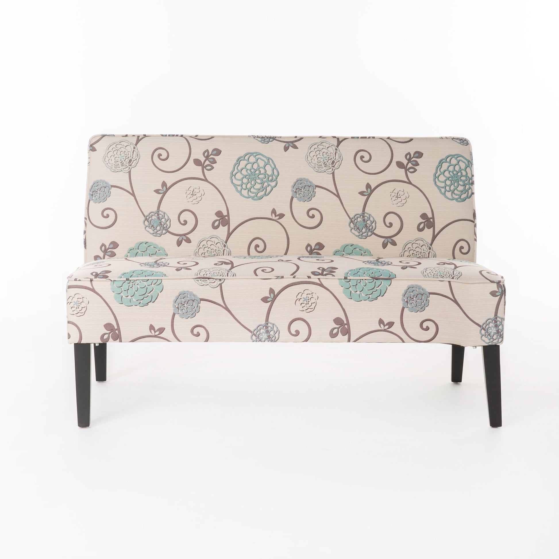 The Contemporary Loveseat features beige upholstery with a blue and gray floral pattern, swirling brown vines on a white background, and sturdy dark birch wood legs.