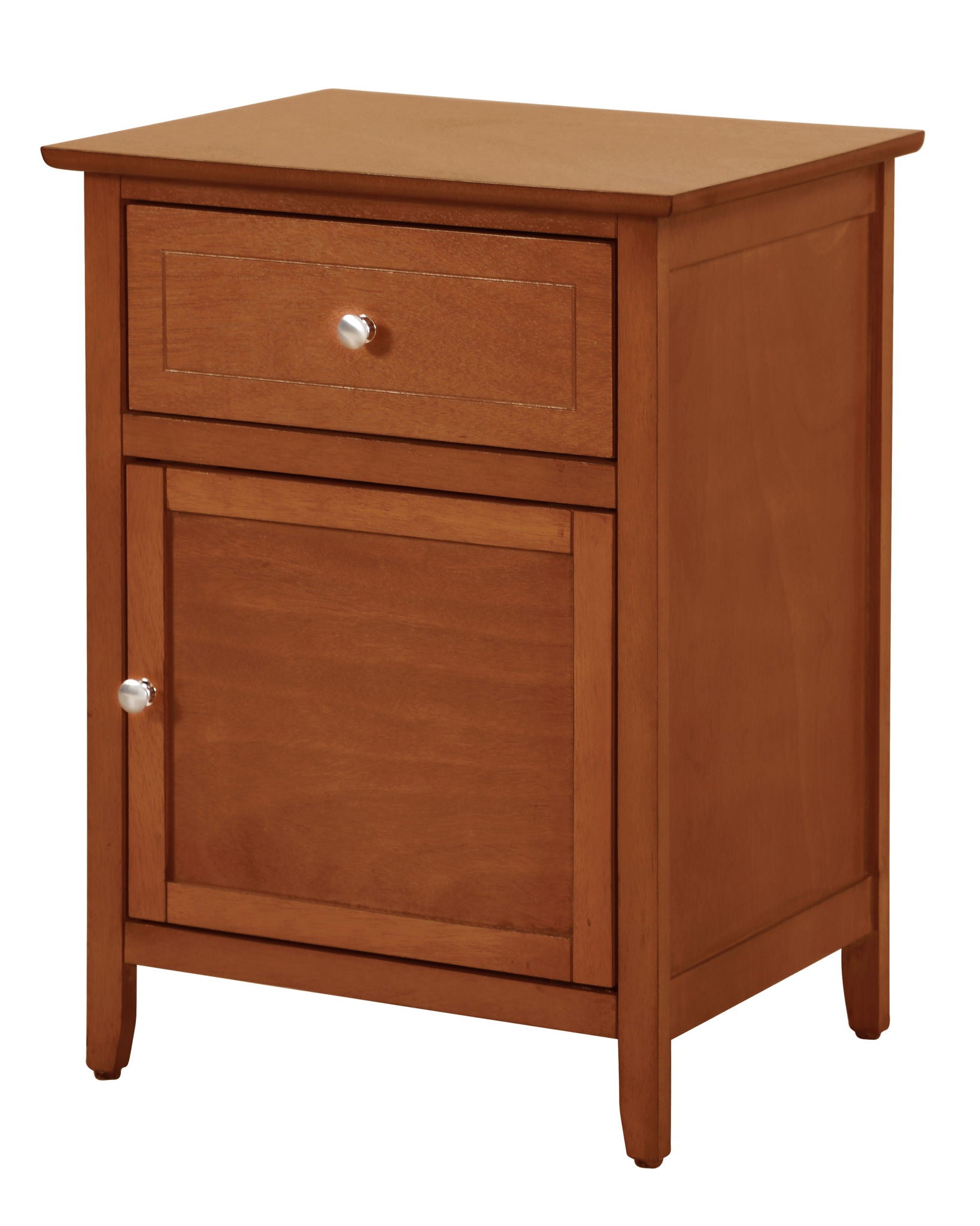 The Izzy nightstand features one drawer and one cabinet door with round silver knobs, crafted from wood and supported by four short legs.