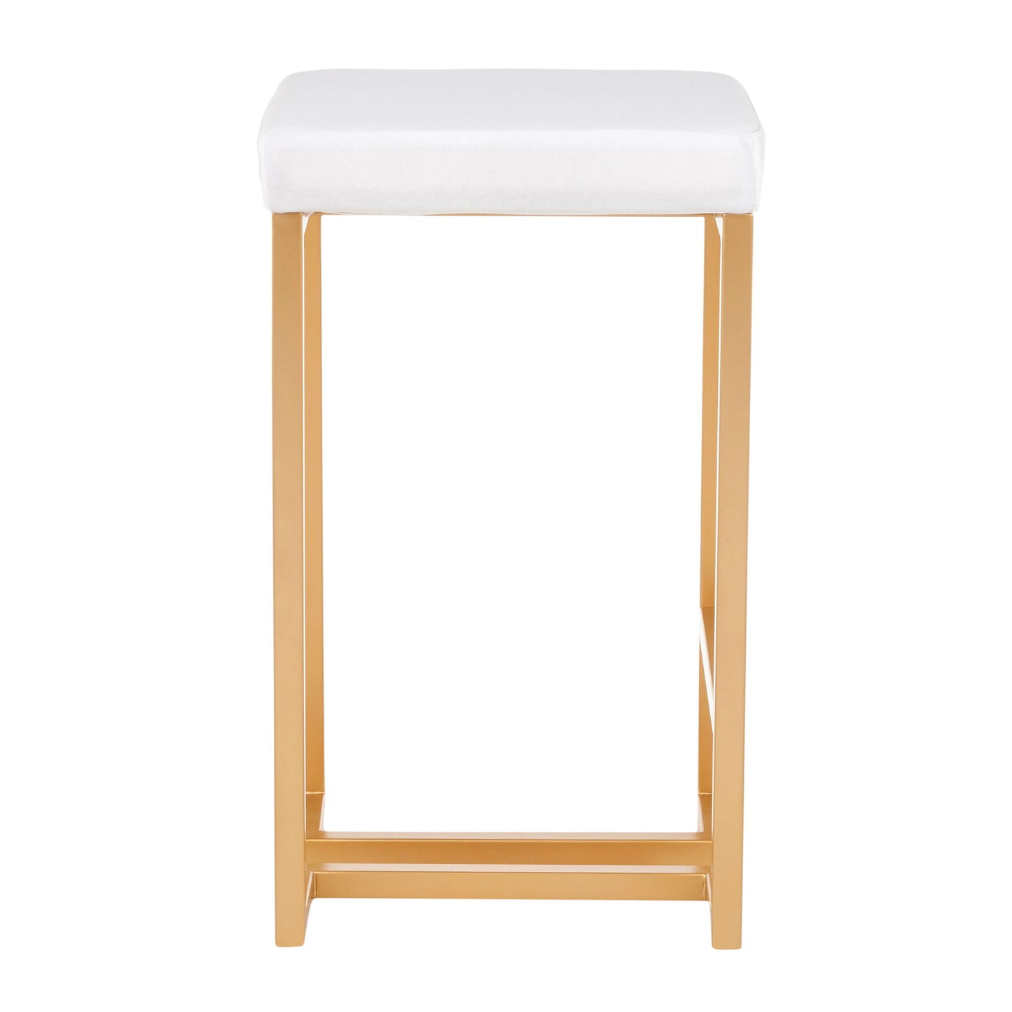 The Midas Contemporary/Glam Counter Stool (Set of 2) features a white cushioned square seat and a gold metal frame, displayed from the front against a white background.