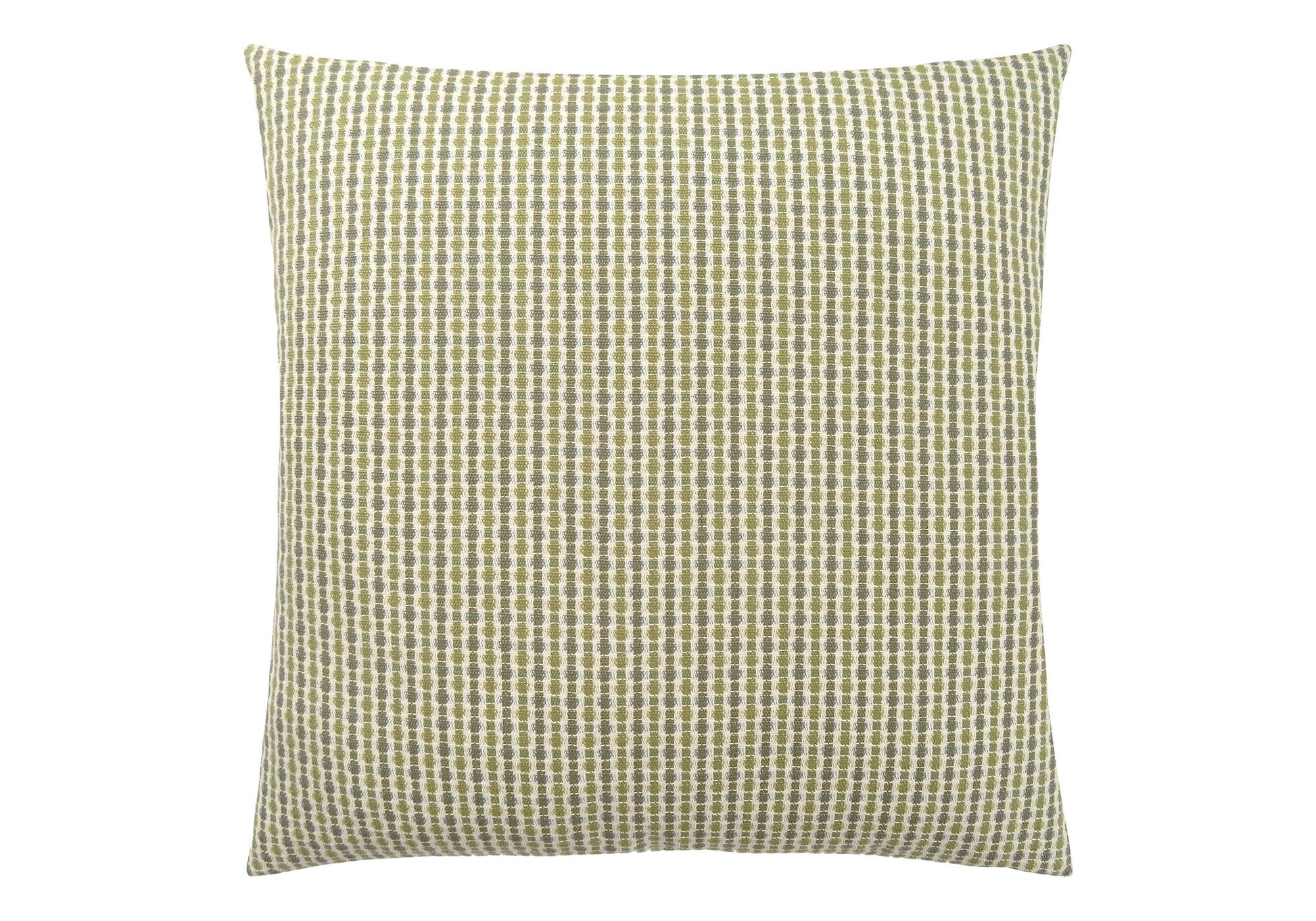 The Square Decorative Throw Pillow features a textured, woven cover with a pattern of greenish-yellow and off-white geometric shapes. Hypoallergenic insert included. Photographed against a white background.