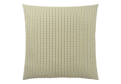The Square Decorative Throw Pillow features a textured, woven cover with a pattern of greenish-yellow and off-white geometric shapes. Hypoallergenic insert included. Photographed against a white background.