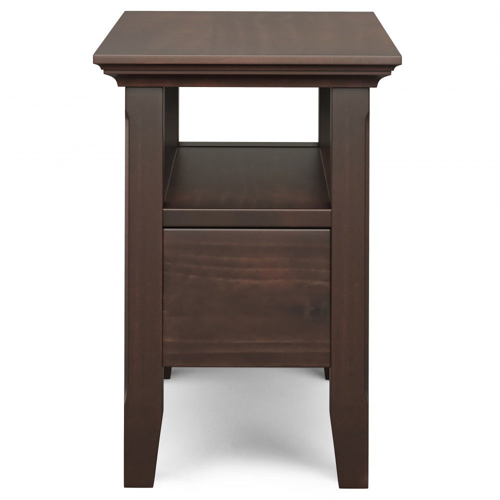 The Acadian Narrow Side Table With Drawer in brown features a rectangular top, open middle shelf, lower drawer, and a simple modern design with straight legs and clean lines.