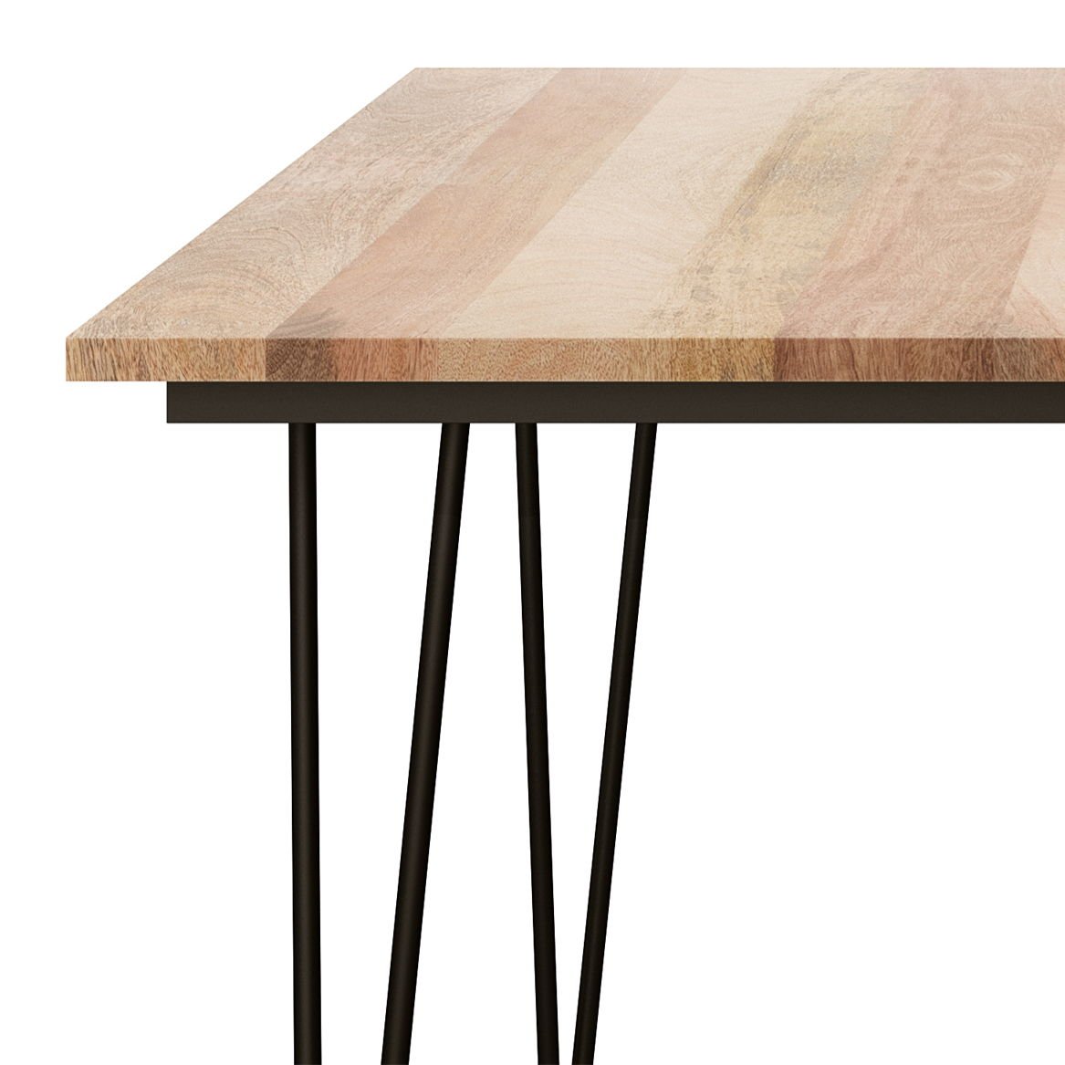 Close-up of the Hunter - Square Tabletop Dining Table’s corner, featuring a light natural wood finish and slim black metal legs in a geometric design.