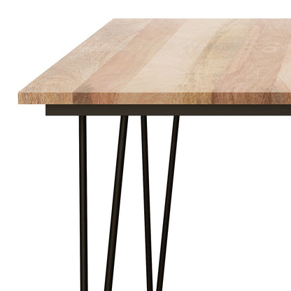 Close-up of the Hunter - Square Tabletop Dining Table’s corner, featuring a light natural wood finish and slim black metal legs in a geometric design.