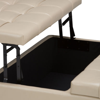 A close-up of the Harrison - Upholstered Coffee Table Storage Ottoman in beige shows its tufted, cushioned lid partially open to reveal a spacious, black-lined storage compartment inside.