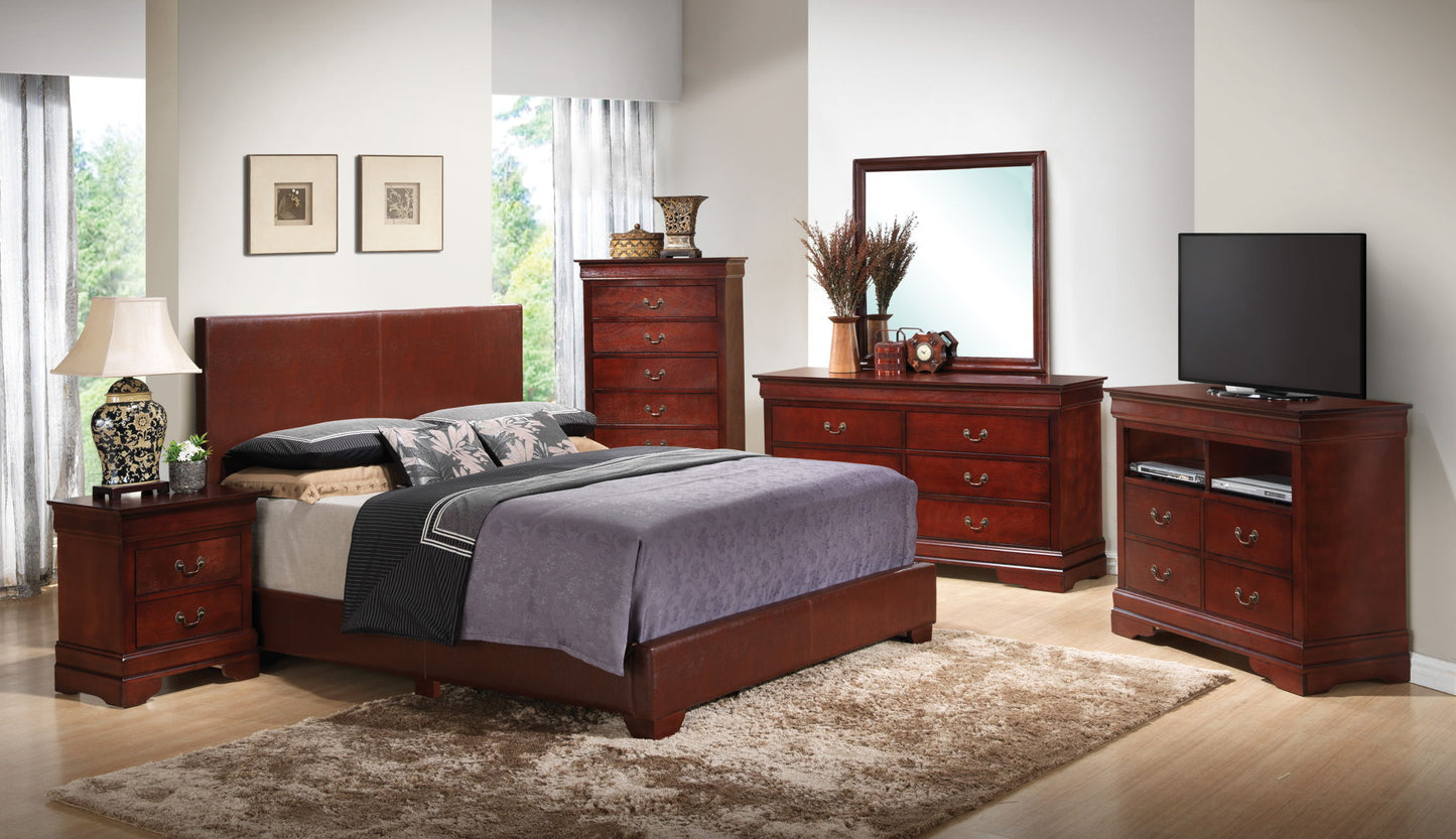 A modern bedroom features the Elegant Platform Bed For Relaxed Spaces with matching dark wood furniture on a tan rug, light-colored walls, large windows, and sheer curtains for a bright and inviting atmosphere.