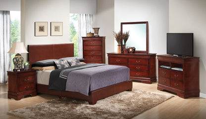 A modern bedroom features the Elegant Platform Bed For Relaxed Spaces with matching dark wood furniture on a tan rug, light-colored walls, large windows, and sheer curtains for a bright and inviting atmosphere.