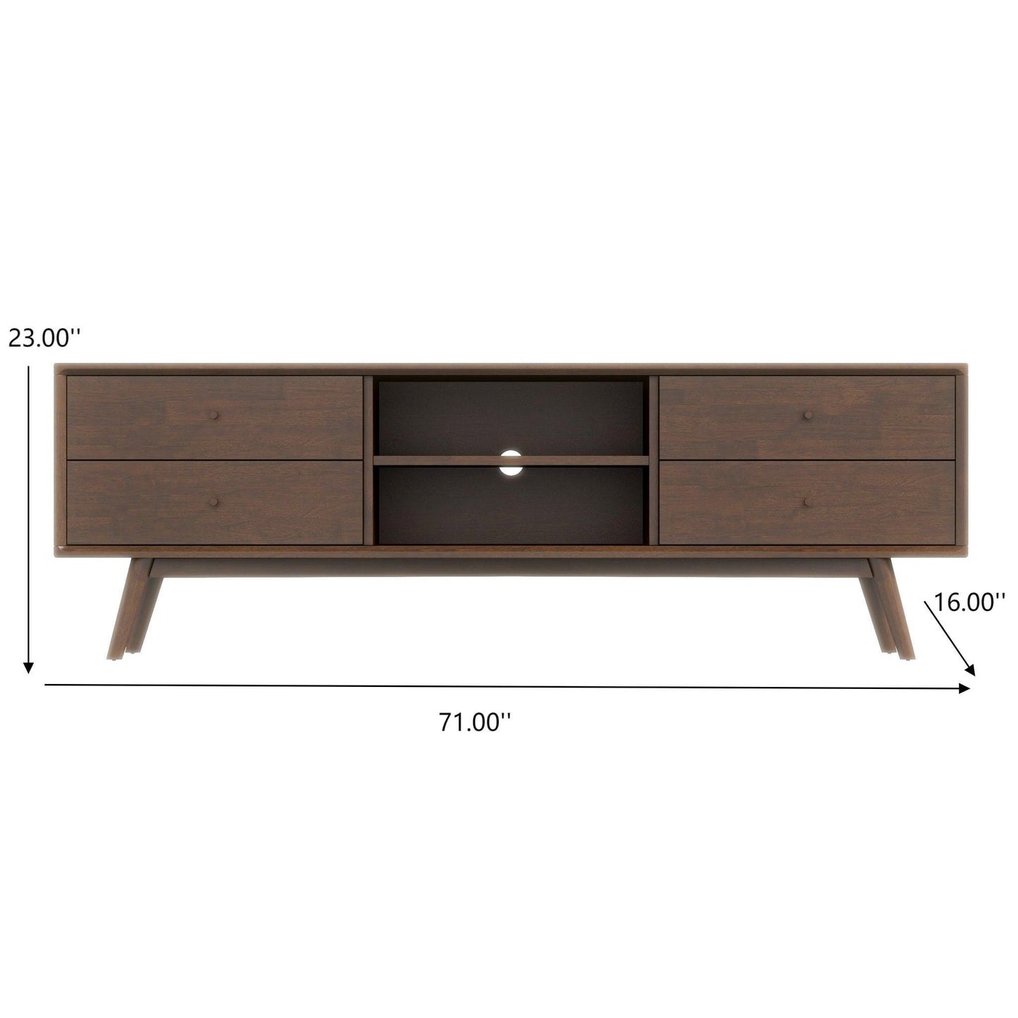 The Caroline Modern TV Stand features dark wood, four drawers, two open center shelves, and angled legs. Sized at 71"W x 23"H x 16"D, it fits TVs up to 72".
