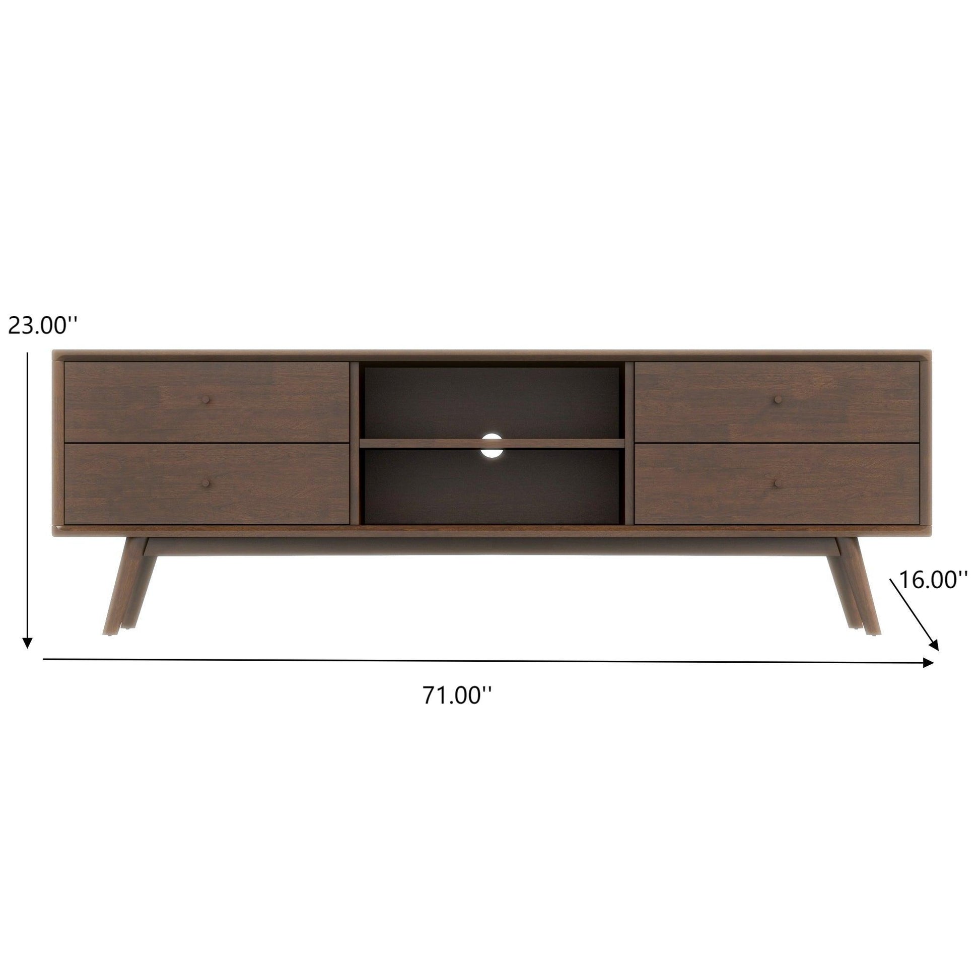 The Caroline Modern TV Stand features dark wood, four drawers, two open center shelves, and angled legs. Sized at 71"W x 23"H x 16"D, it fits TVs up to 72".