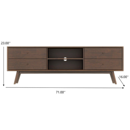 The Caroline Modern TV Stand features dark wood, four drawers, two open center shelves, and angled legs. Sized at 71"W x 23"H x 16"D, it fits TVs up to 72".