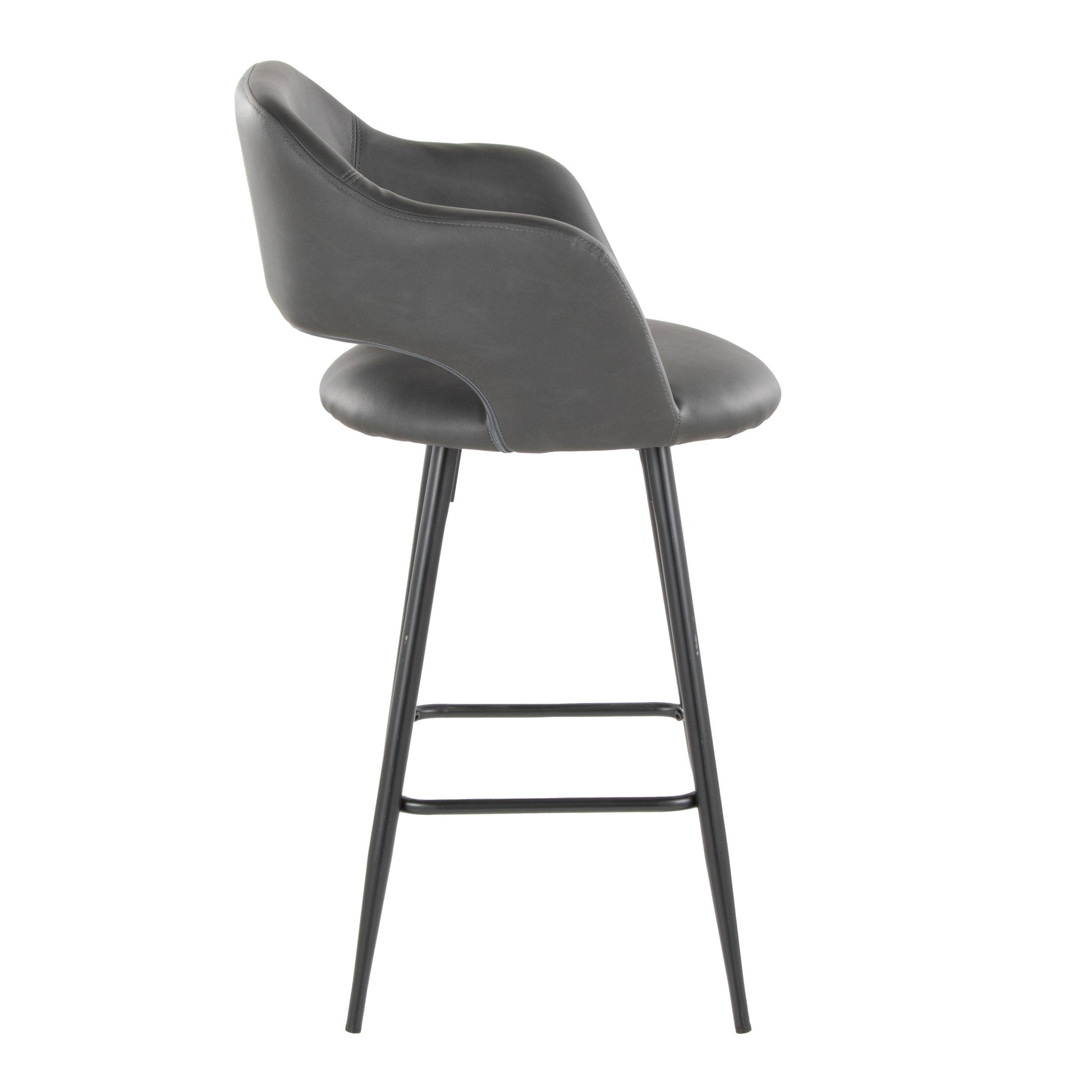 The Margarite stool set features a sleek, dark gray curved seat and backrest. Its minimalist design includes four slender metal legs with square footrests, embodying a modern aesthetic. Available as a set of two.