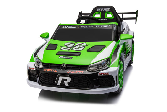 A green and white 12V4A kids ride-on car with a black spoiler, racing decals, and single seat, featuring one-button start, music, power display, two opening doors, front lights, seat belt, and four wheel absorber; shown front view.