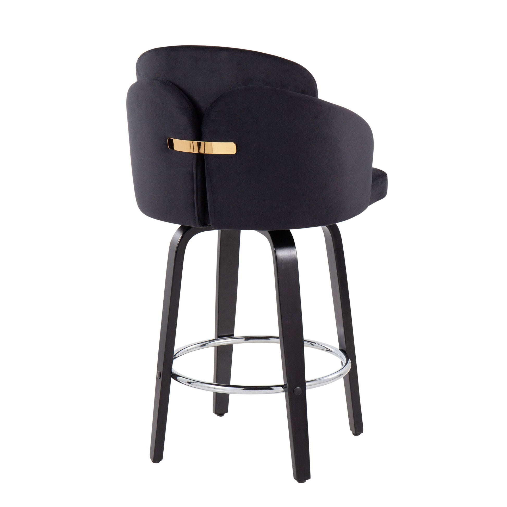 The Dahlia Contemporary Counter Stool features a curved backrest, gold handle accent, and four legs connected by a circular chrome footrest, finished in black. (Set of 2).