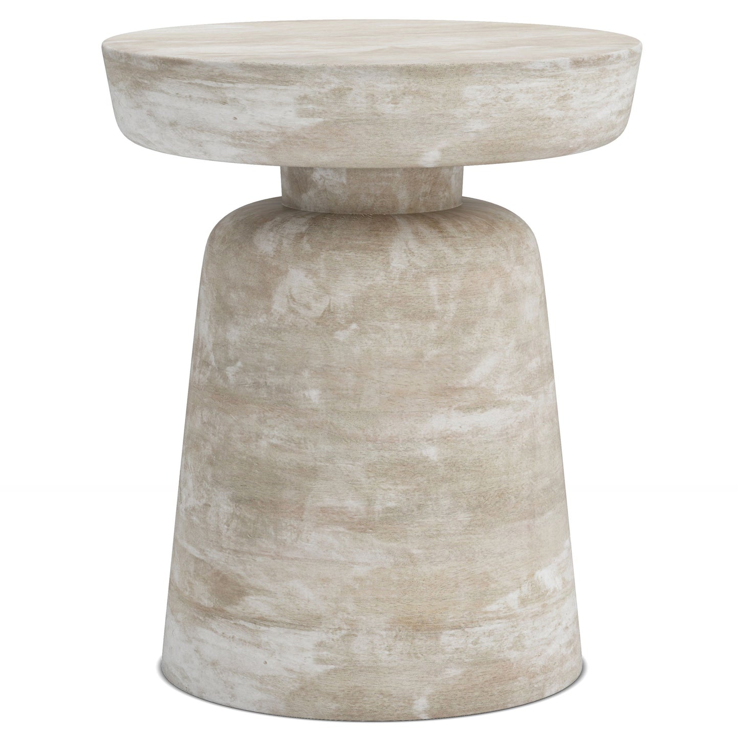 The Robbie Handcrafted Accent Table is a small, round side table with a thick circular top, tapered base, modern minimalist design, and smooth stone-like light beige finish.
