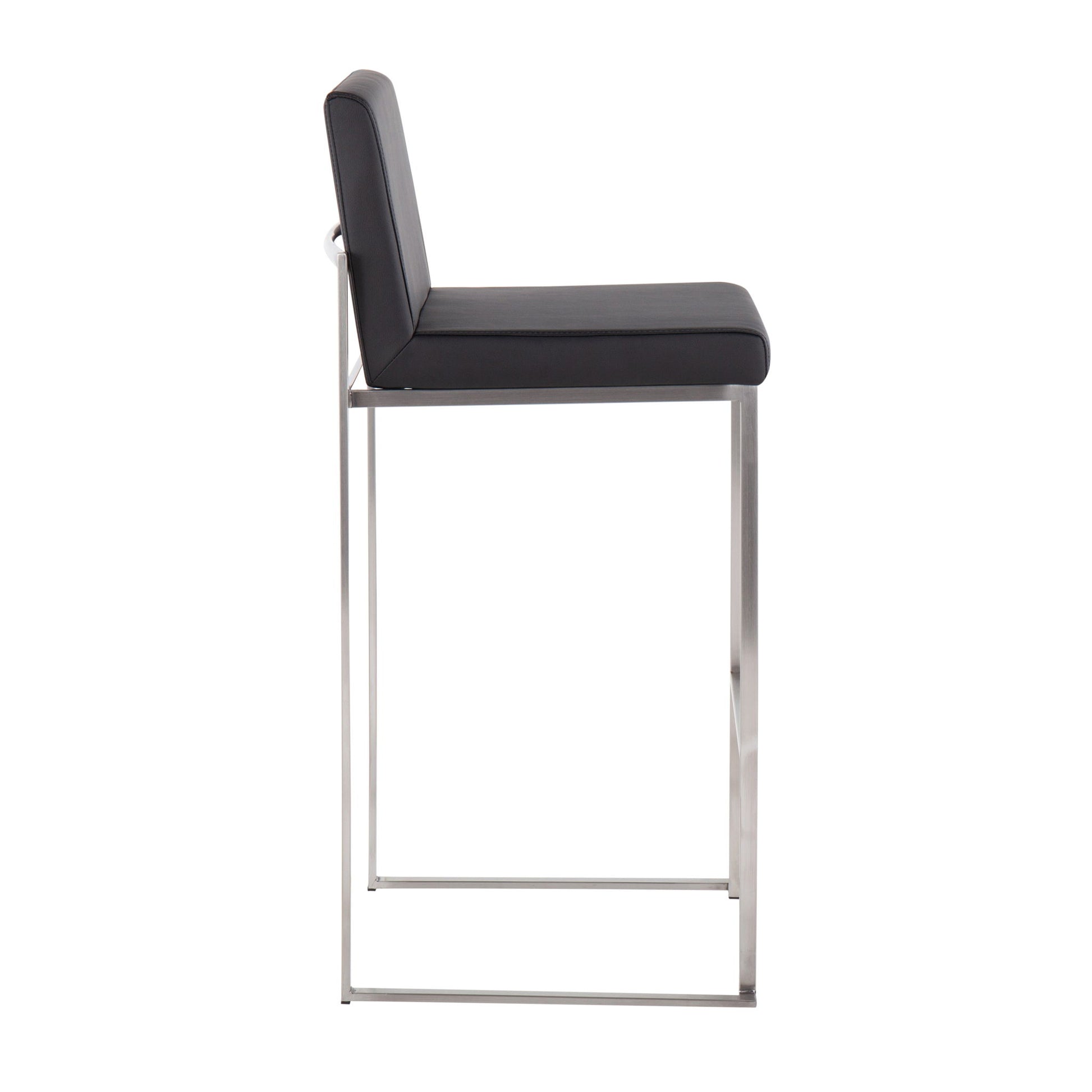 Side view of the Fuji - Contemporary And Modern Elegance High Back Barstool, featuring a sleek metal frame and black cushioned seat and backrest. The minimalistic design showcases straight lines and a modern look.