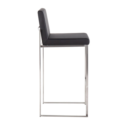 Side view of the Fuji - Contemporary And Modern Elegance High Back Barstool, featuring a sleek metal frame and black cushioned seat and backrest. The minimalistic design showcases straight lines and a modern look.