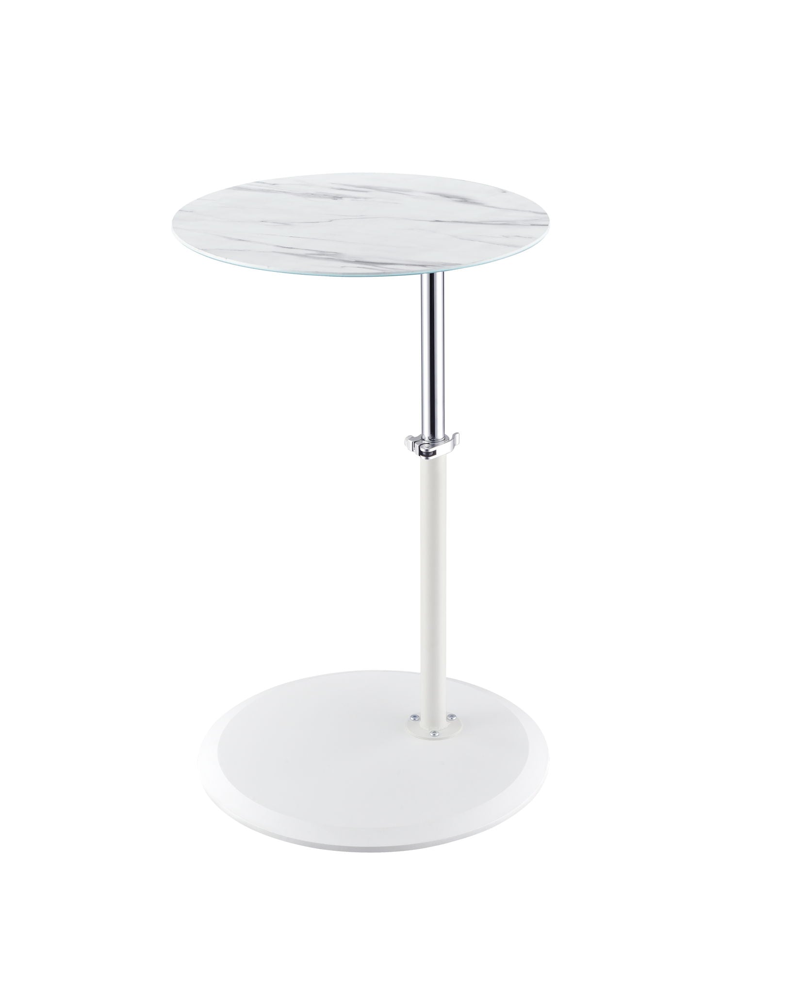 The Orbit 15.5" End Table features a height-adjustable, marble-textured round top, a slim metal support pole, and a circular white base for a minimalistic, modern look.