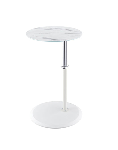 The Orbit 15.5" End Table features a height-adjustable, marble-textured round top, a slim metal support pole, and a circular white base for a minimalistic, modern look.