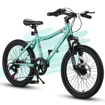 The S20101 20" Kids' Mountain Bike for ages 8-12 features a high steel frame, front suspension, disc brake, rear V-brake, black handlebars and seat, colorful stripe accents, and a white background with teal brushstrokes.