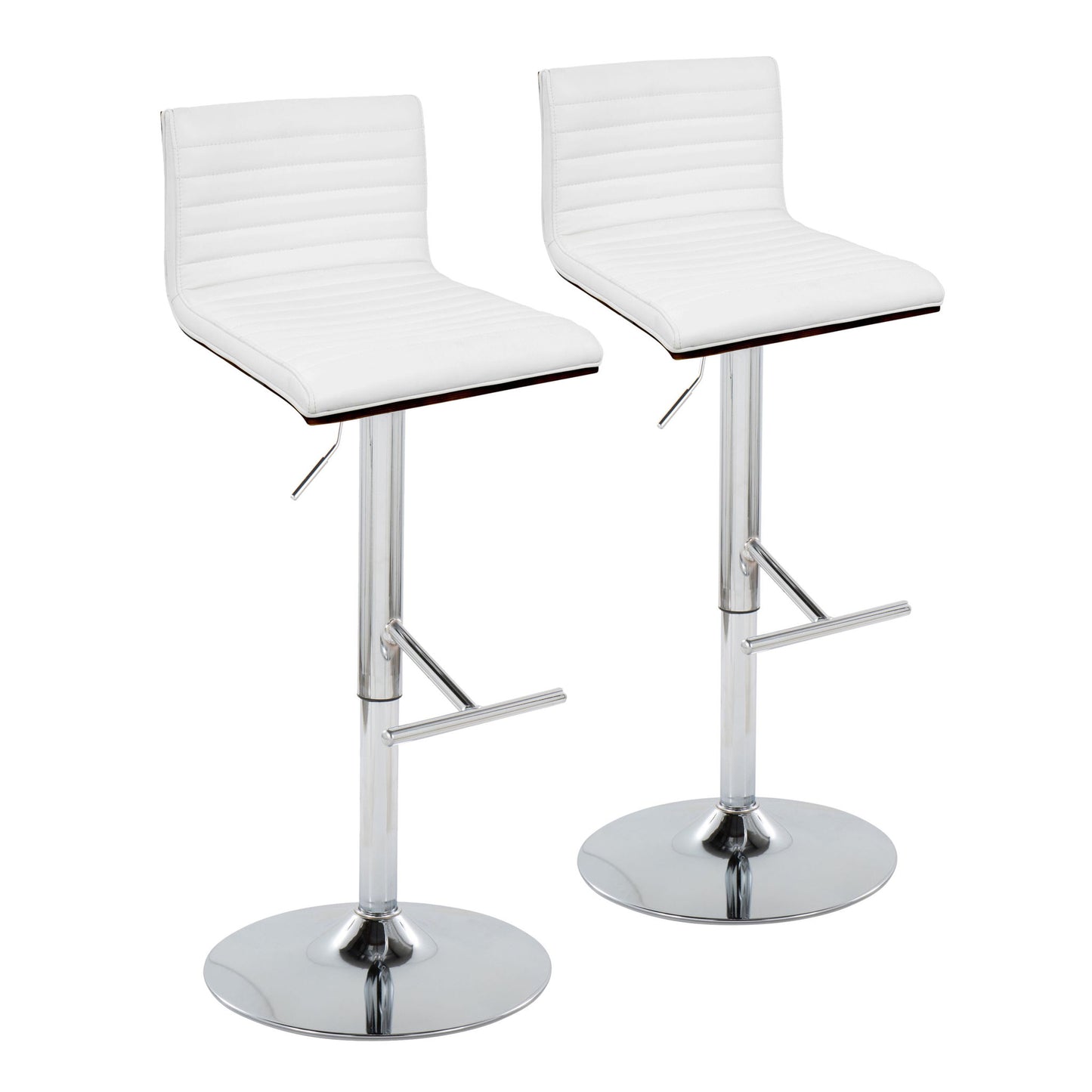 The Mason Contemporary Adjustable Barstools (set of 2) feature cushioned, ribbed white seats and backs, chrome bases with straight T footrests, adjustable height levers, and are shown side by side on a white background.